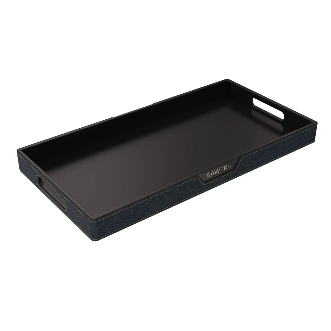 Beautiful Black Stitches Leather Frame Wooden Tray Sample Customization