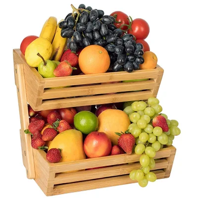Wooden Fruit Vegetable Organizer Display Rack 2-Tier Bamboo Shelf Tray for Snack